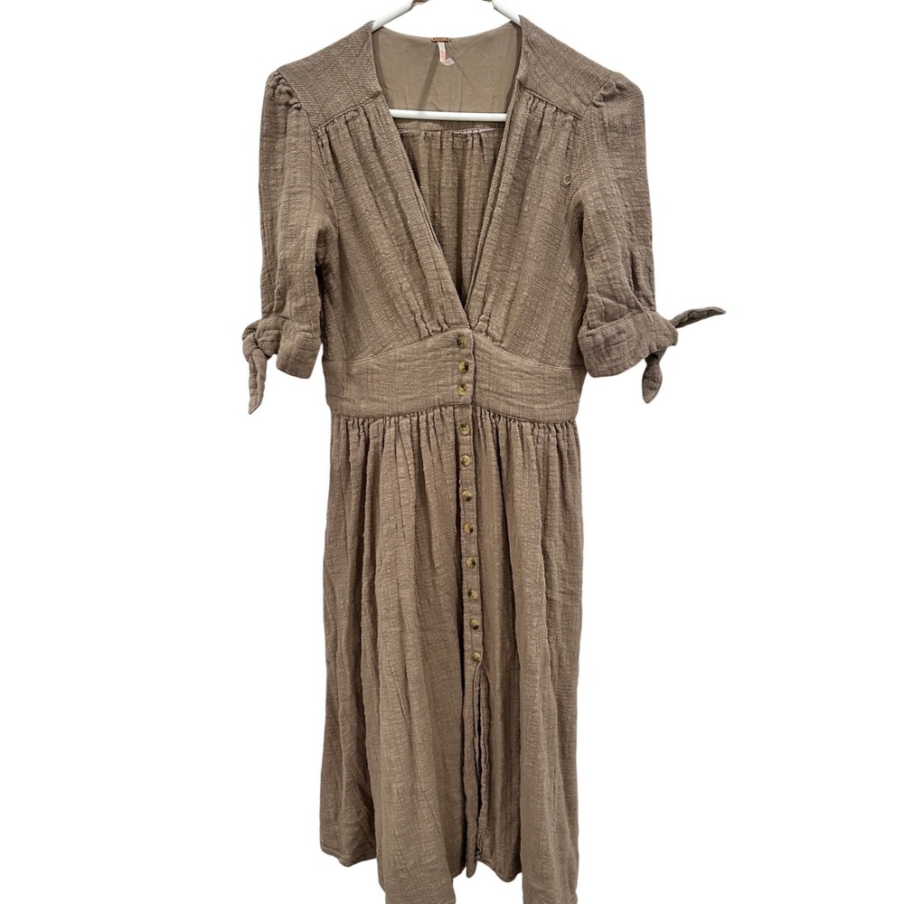 Free People Love Of My Life Midi Dress Taupe Cotton Gauze Boho Button Front XS
